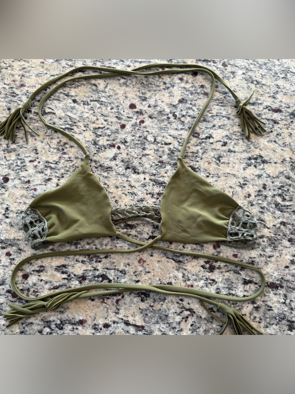 acacia swimwear Olive Green Triangle Bikini Top with Crochet Trim size small